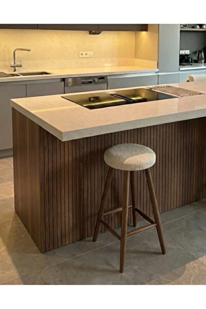silla Concept Bar Tabure Teddy Krem Kumaş Ceviz Ahşap Ada Taburesi