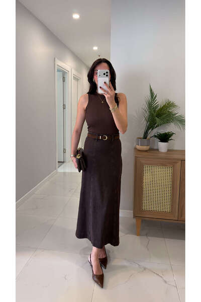 BİRCANÇİL Barkes Kahve Kemer Detaylı Denim Etek