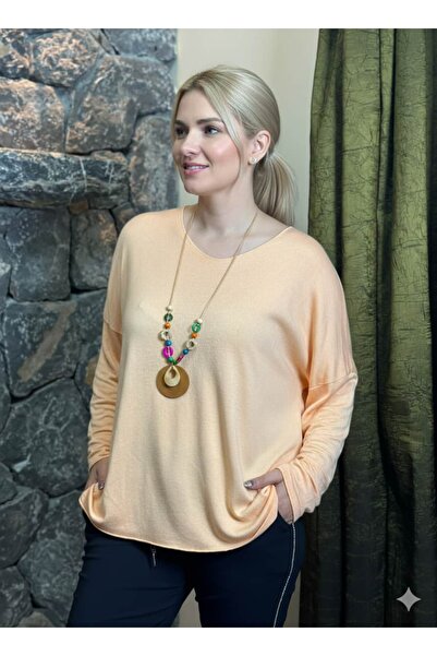 Punta Otantik Yg80581 Italian V-Neck Collared Basic Knitwear Blouse Salmon