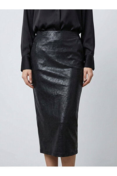 NEW JOURNAL Women's Black Slit Detailed Textured Midi Skirt with Elastic Wais...