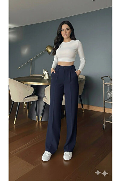 Modayıldızlar Mr Women's Navy Blue High Waist Palazzo Trousers with Pleated B...