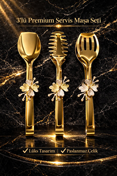 AslanhanHome 3,lü Set Kelebek Fiyonklu Gold Renk Maşa Servis Sunum Takımı/Pas...