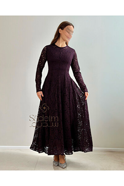 Sadeim فستان طويل من الدانتيل العنابي بتصميم كلاسيكي فاخر وأكمام طويلة