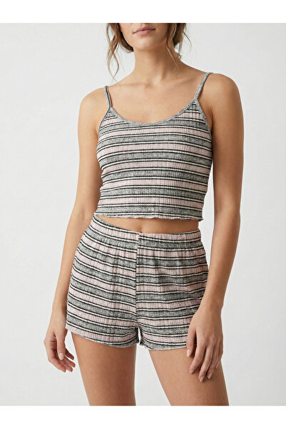 NEW JOURNAL Women's Grey-Pink Rope Strap Shorts Pajama Set with Elastic Waist...