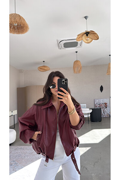 Buket Teke Burgundy Crocodile Leather Jacket