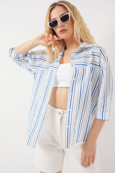 Merterium Women's Striped Short Sleeve Shirt 1356 - Blue
