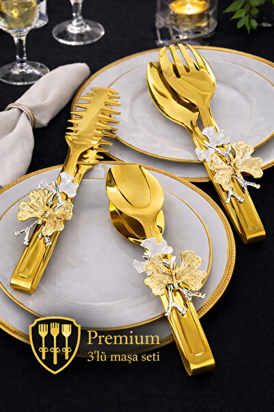 AslanhanHome 3,lü Set Kelebek Fiyonklu Gold Renk Maşa Servis Sunum Takımı/Pas...