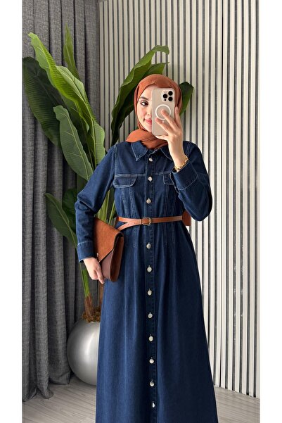 Molly Nelly Γυναικείο μακρύ φόρεμα τζιν με κουμπιά και ζώνη