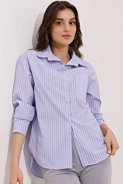 Merterium Дамска раирана риза с голям размер 1335 - синя