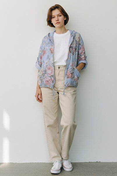 Park Moda Patterned Linen Jacket with Folded Sleeves and Hood