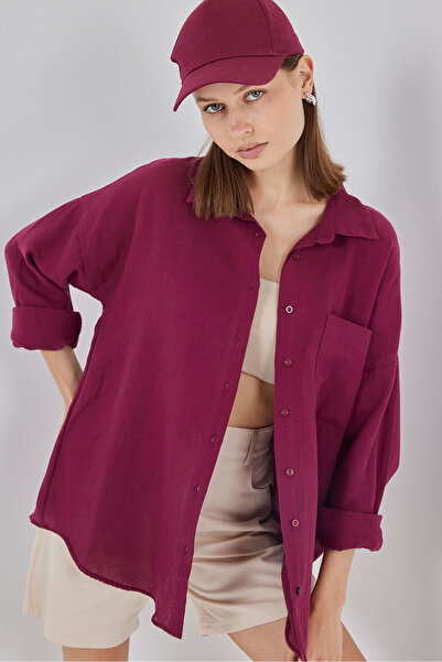 Merterium قميص نسائي من الموسلين بجيب واحد كبير الحجم 1359 - أرجواني