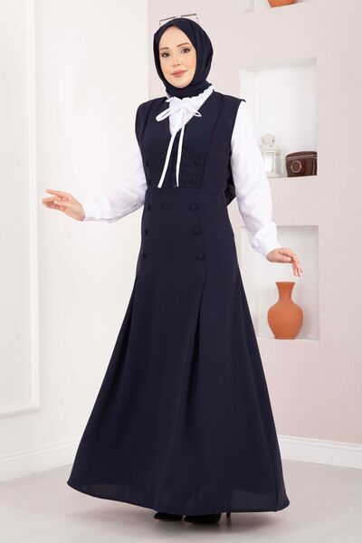 Asm Elegant Shirt & Buttoned Gilet Double Set Navy Blue