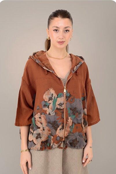 Park Moda Patterned Linen Jacket with Folded Sleeves and Hood