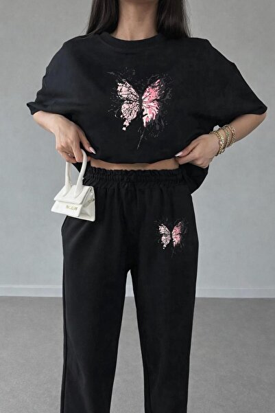 zeag Women's Pink Butterfly Printed Tracksuit T-Shirt Set