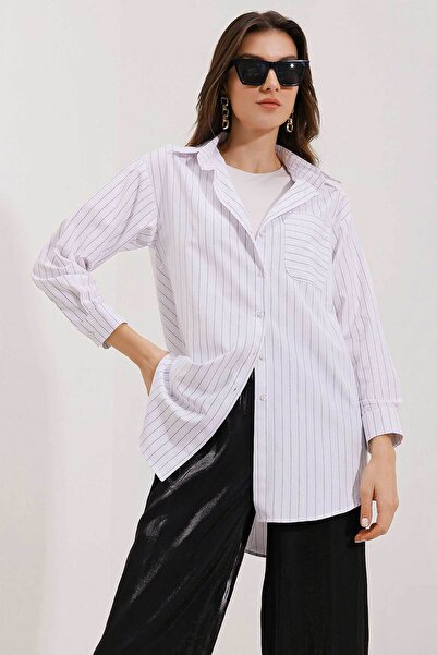 Merterium Cămașă oversize cu dungi și detaliu buzunar pentru femei 1029 - Albă