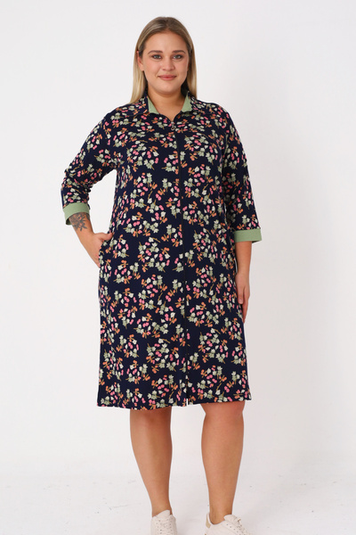 İntensive Navy Blue Patterned Full Zipper Dress with Ribbed Pockets and Cotto...