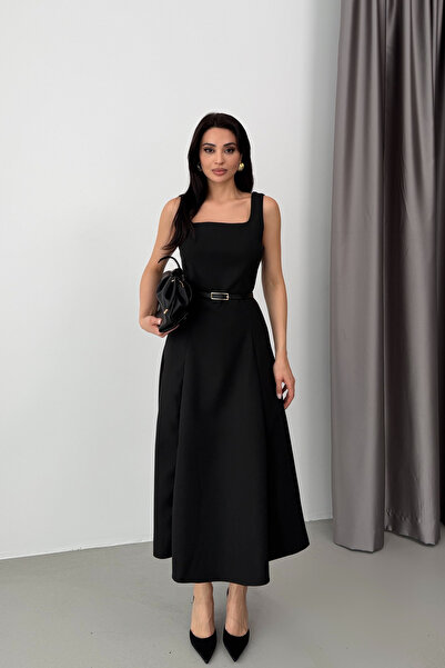 Serica Moda Black Square Neck Belted Dress