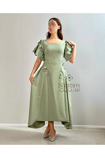 Sadeim Long olive green dress with floral details and an elegant, feminine de...