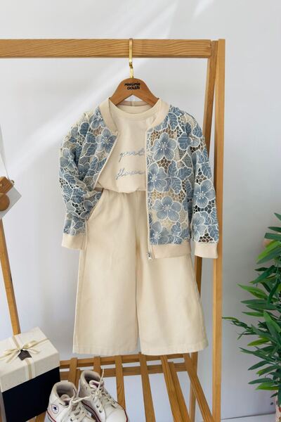 Minigimin Cicileri Сладко трикотажно сако с дантелени цветя и панталони за мо...