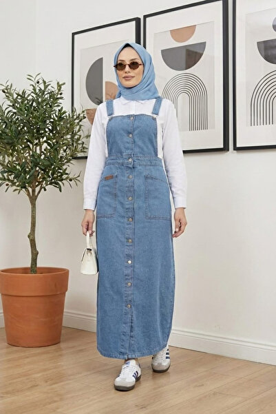 Hb Harma Time Butik Women's Blue Denim Salopet with Adjustable Straps, Button...