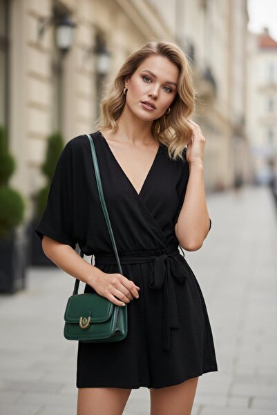 Mossta Double-Breasted Collar Bat Sleeve Mini Aerobin Jumpsuit - Black