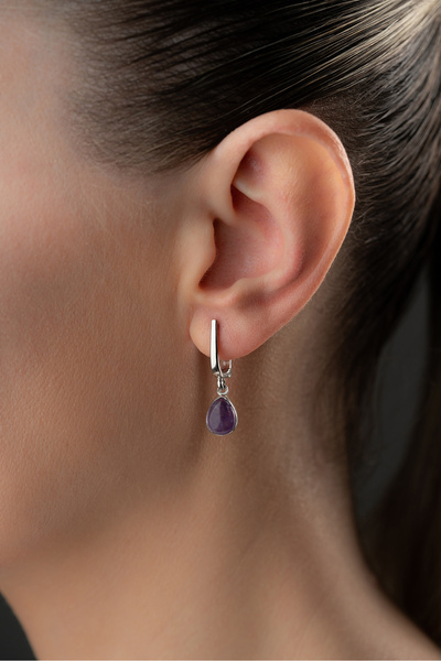jingle bells Doğal Ametist Damla Taşlı Sallantılı Gümüş Küpe Rodyum
