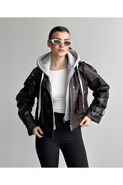 VESS MODA New Season Hooded Detailed Leather Jacket