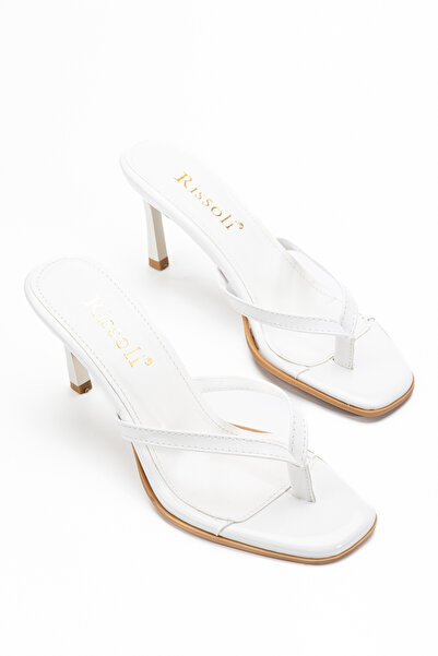 RİSSOLİ Women's White Wrinkled Patent Leather Flip-Flop Heeled Sandals