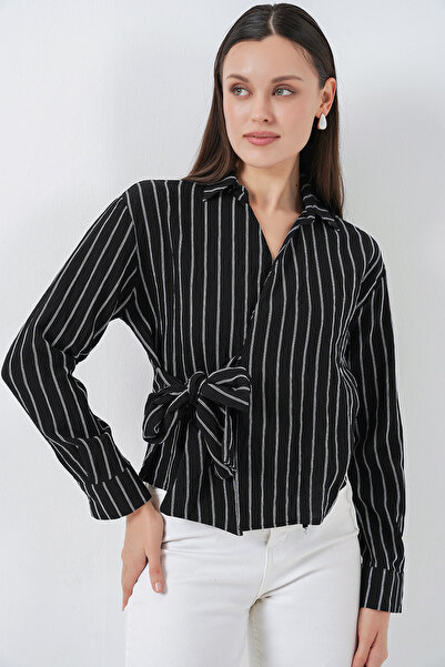 Merterium Women's Tie-Front Striped Shirt 1360 - Black