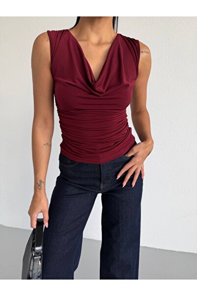 Aurenza Vellori Kadın Degaje Yaka Drapeli Likralı Kolsuz Bluz