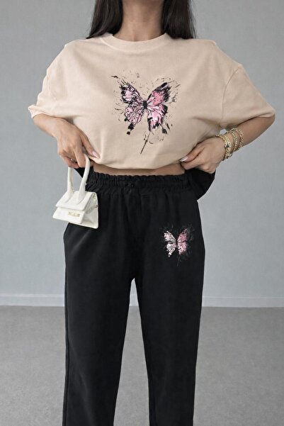 zeag Women's Pink Butterfly Printed Tracksuit T-Shirt Set