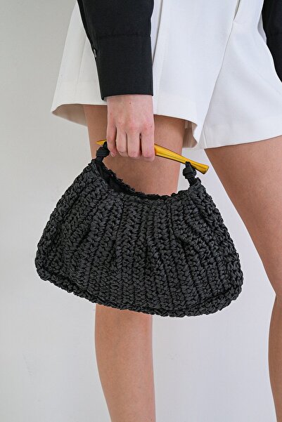 Trend Alaçatı Stili Ženska crna slamnata kapa pletena sa zlatnim dodacima Tor...