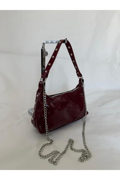 melecco Burgundy Patent Leather Chain Strap Women's Shoulder Bag – Studded Y2K Baguette Model