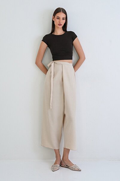 Trend Alaçatı Stili Women's Cream Linen Double Breasted Tie-Up High Waist Hid...