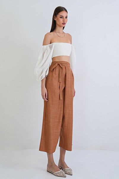 Trend Alaçatı Stili Women's Cinnamon Linen Double-Breasted Tie-Up High Waist ...