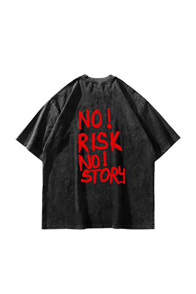 Bak Moda No Risk No Story Printed Oversize Unisex Washable Black Tshirt