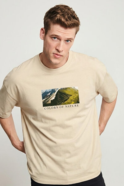 COMBİNE MİCHAİL Men's Landscape Printed Oversize Cream T-Shirt