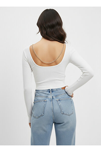 NEW JOURNAL Women's Ecru Back Chain Detailed Crew Neck Blouse Nj98