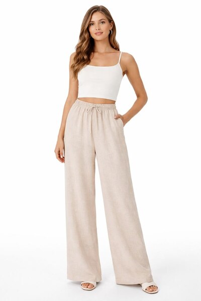 Maison La Femme Women's Linen Trousers with Elastic Waist and Loose Fit