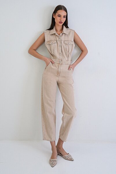 Trend Alaçatı Stili Women's beige jean jumpsuit with pocket detail alc-x15385