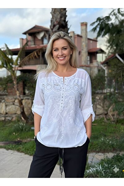 Punta Otantik Yg18297 Embroidered Sequin Detailed Blouse White
