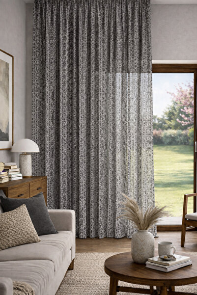 Fluiana Keten Tül Antrasit Siyah Perde Natural Dokulu Modern Salon Tülü Ütü İ...