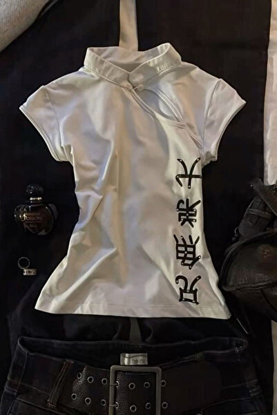 Köstebek Beyaz Qipao Vintage Pencere Detaylı Y2K Kısa Kollu Crop