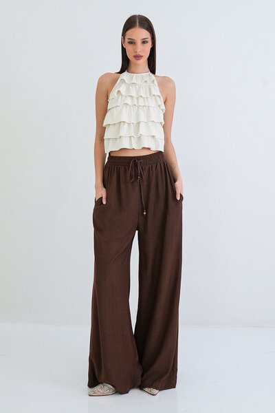 Trend Alaçatı Stili Pantaloni casual de damă, maro, cu buzunare duble, talie ...