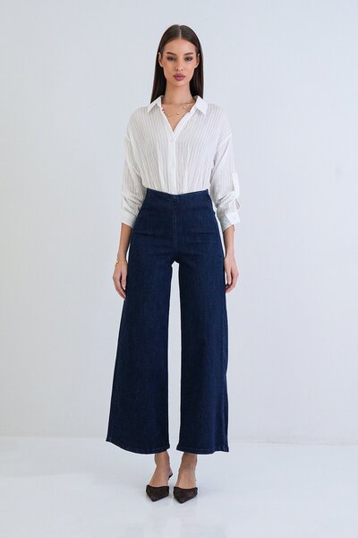 Trend Alaçatı Stili Women's Navy Blue High Waist Elastic Waist Wide Leg Jean ...