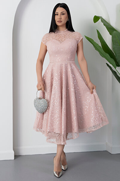 PULLIMM Φόρεμα με λαιμόκοψη ποδηλάτου, παγιέτες και δαντέλα BAL169