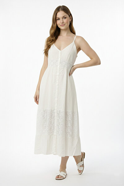 NEW JOURNAL Women's Ecru Adjustable Strap Lace Detailed Midi Dress Rop16