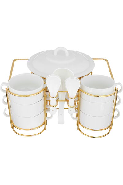 Generic One More Porcelain Soup Set with Stand, 16 Pieces - White Gold