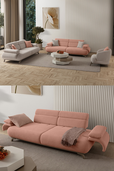 Eymense Bonjo Sırt Mekanizmalı Kasalı Koltuk Takımı 3+3+1 Pudra