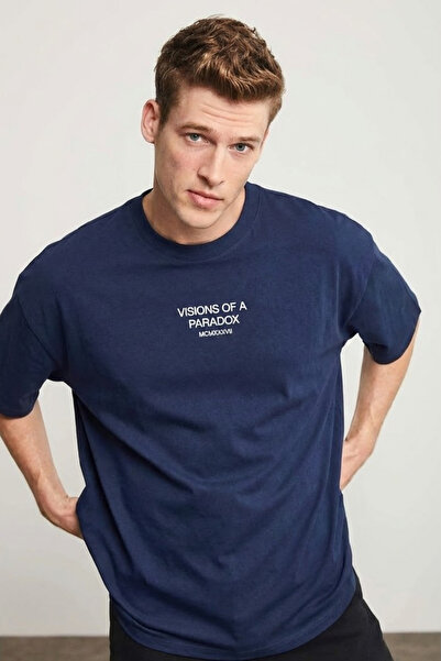 COMBİNE MİCHAİL Men's Paradox Print Oversize Navy Blue T-Shirt